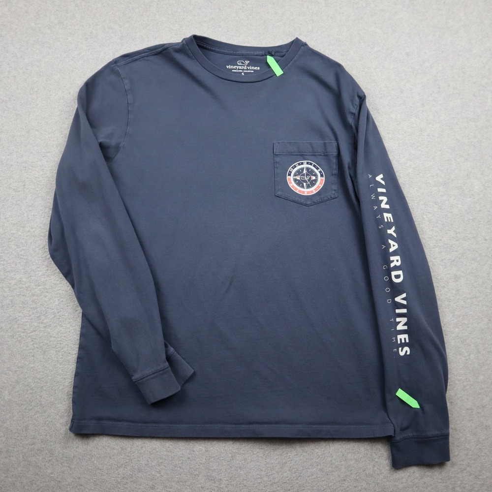 Vineyard Vines T-Shirt Mens S Navy Blue Long Sleeve Compass Graphic Pocket Tee
